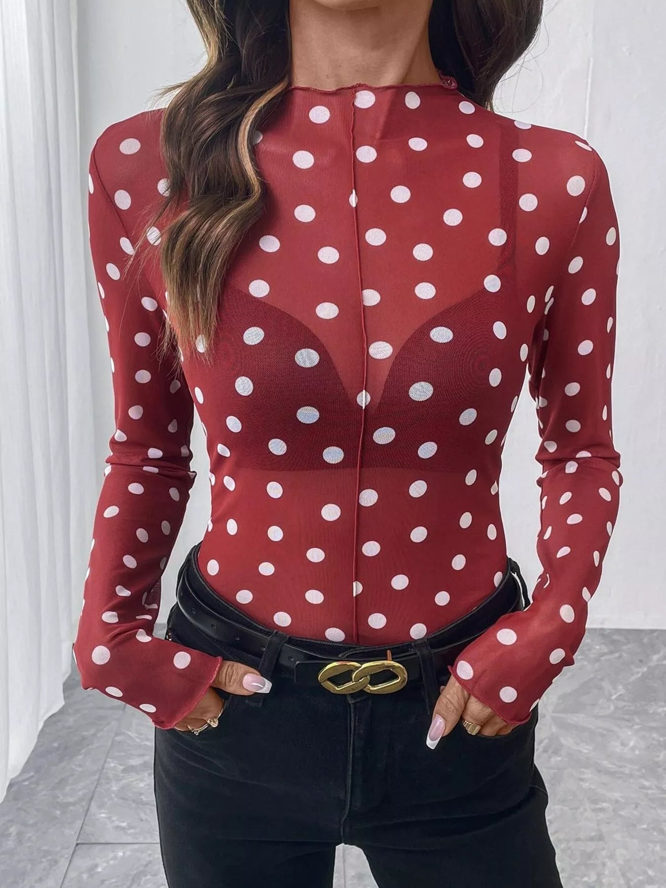 Trendsi Sheer Polka Dot Long Sleeve Mock Neck Top -
