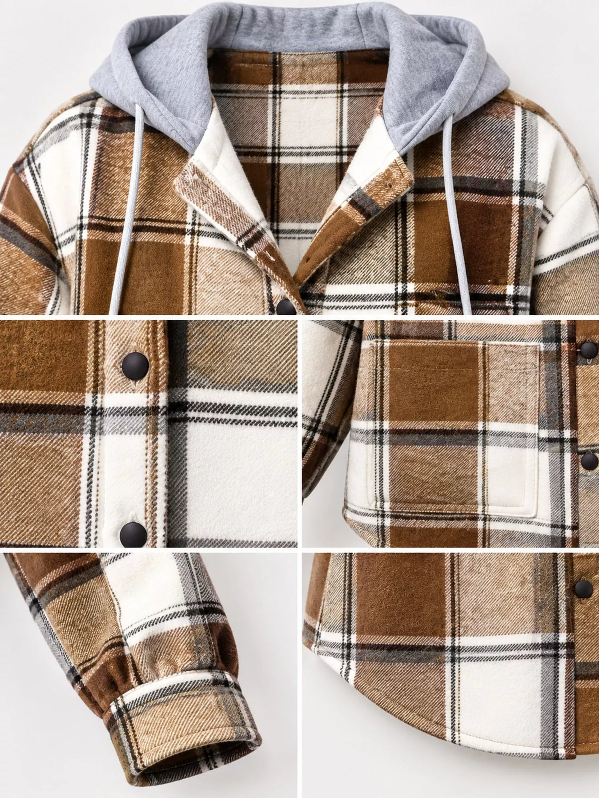 Button-Down Printed Contrast Hooded Shacket — garment construction details