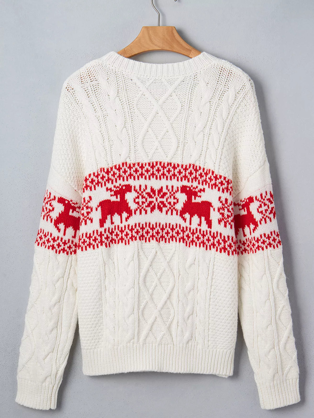 Reindeer Cable Knit Christmas Sweater in cream, back view