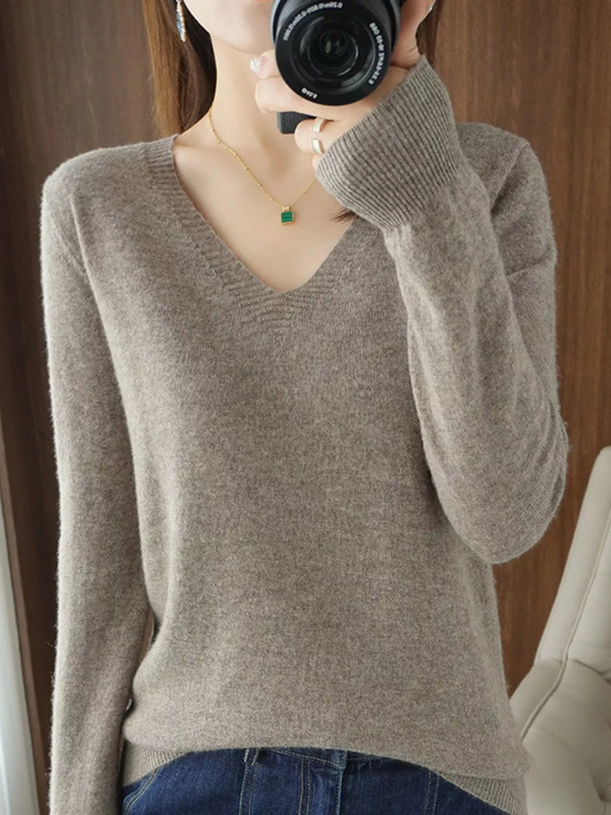 V-Neck Knit Sweater in dark camel