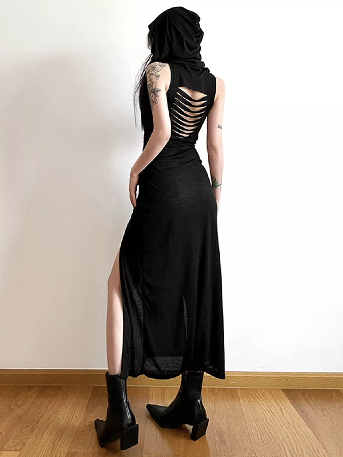 Black sleeveless high slit hooded maxi dress, back view