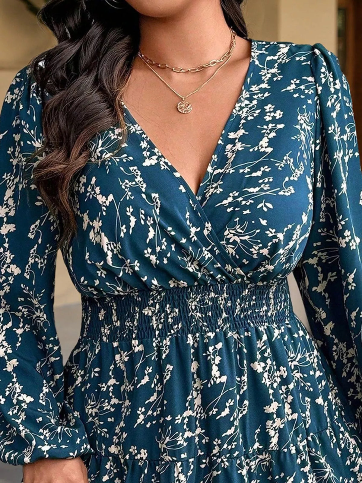 Floral Print Smocked Waist Mini Dress in teal, construction detail