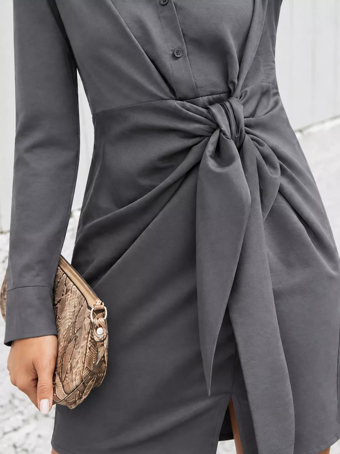 Women's Front-Tie Long Sleeve Shirt Dress in gray — waist detail view