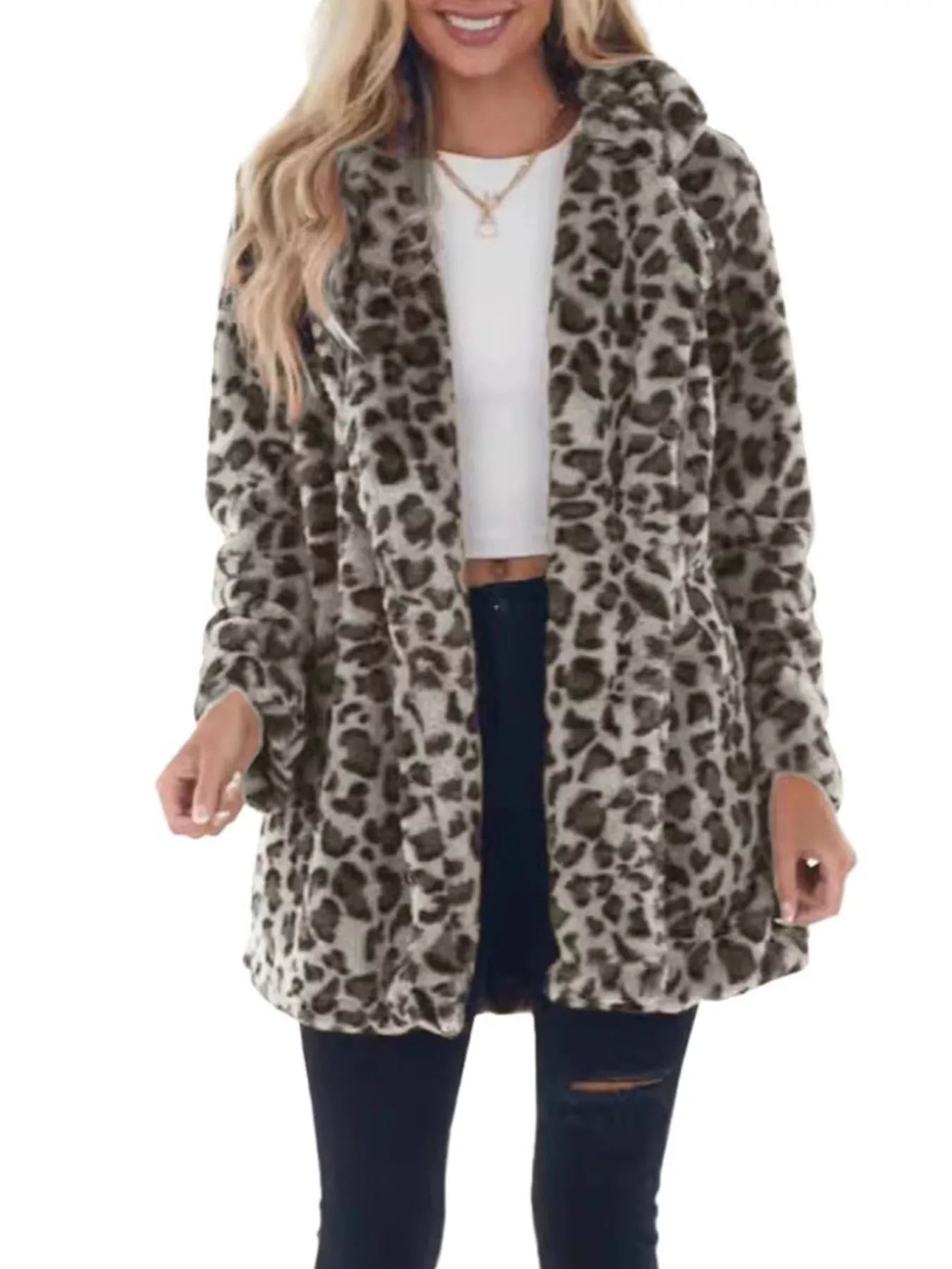 Trendsi Full Size Leopard Faux Fur Open Front Outerwear Plus Size -