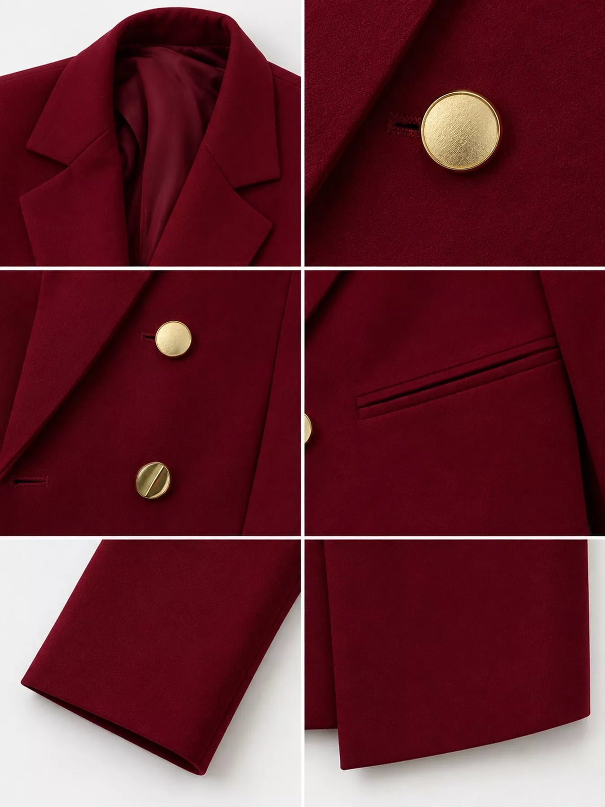 Burgundy double-breasted lapel collar blazer, lapel, gold-tone button, welt pocket, and cuff close-ups