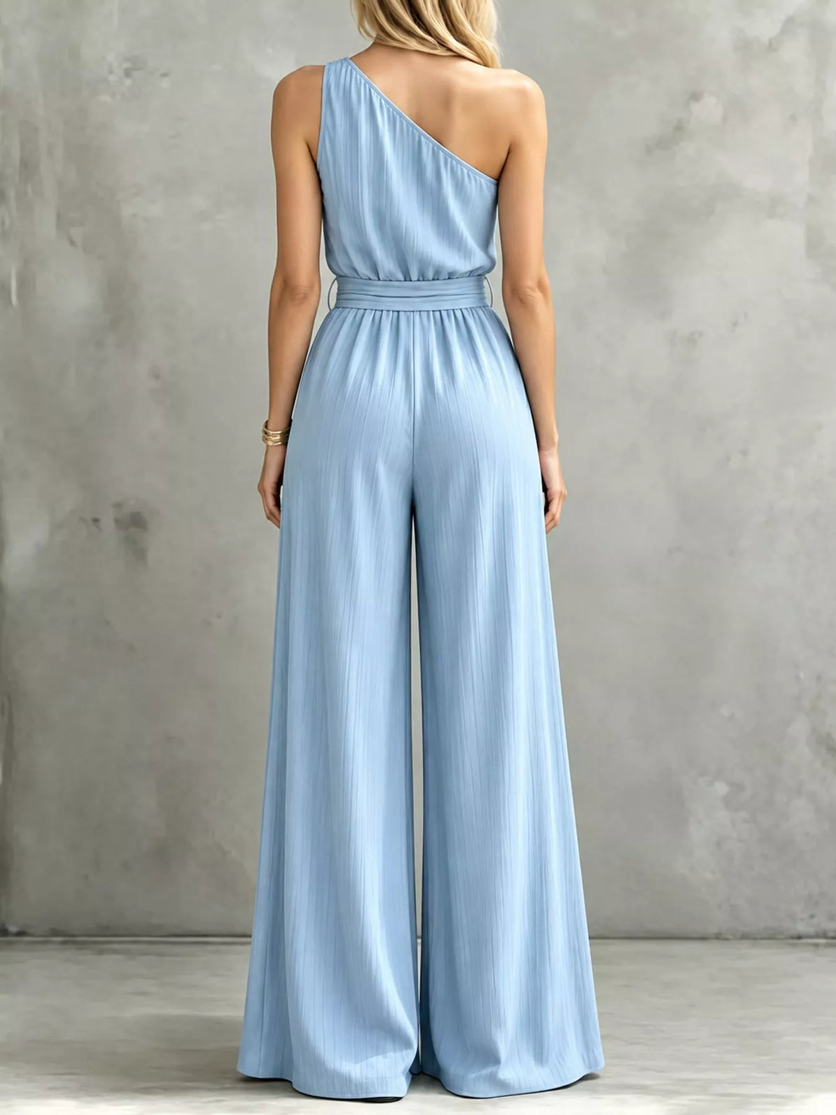 One-Shoulder Wide-Leg Jumpsuit in light blue, back view