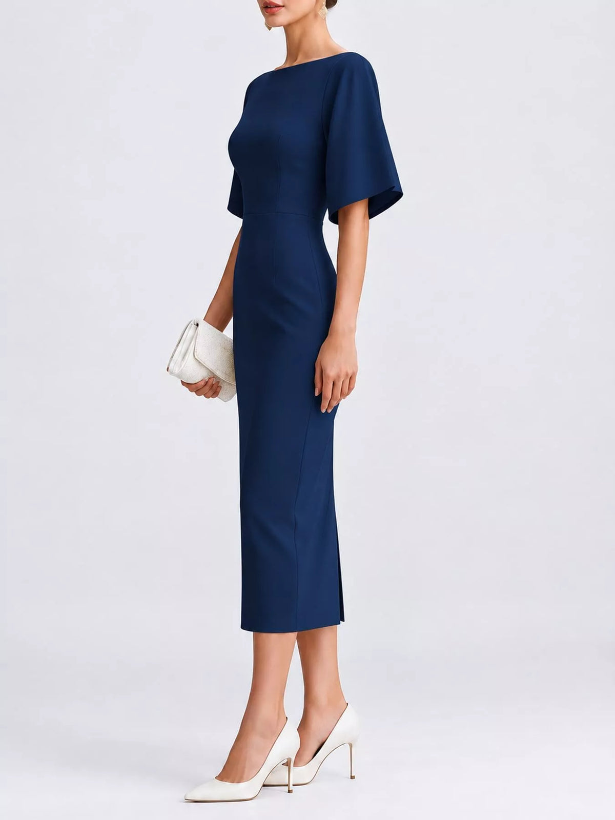 Boat neck short sleeve midi dress, side view
