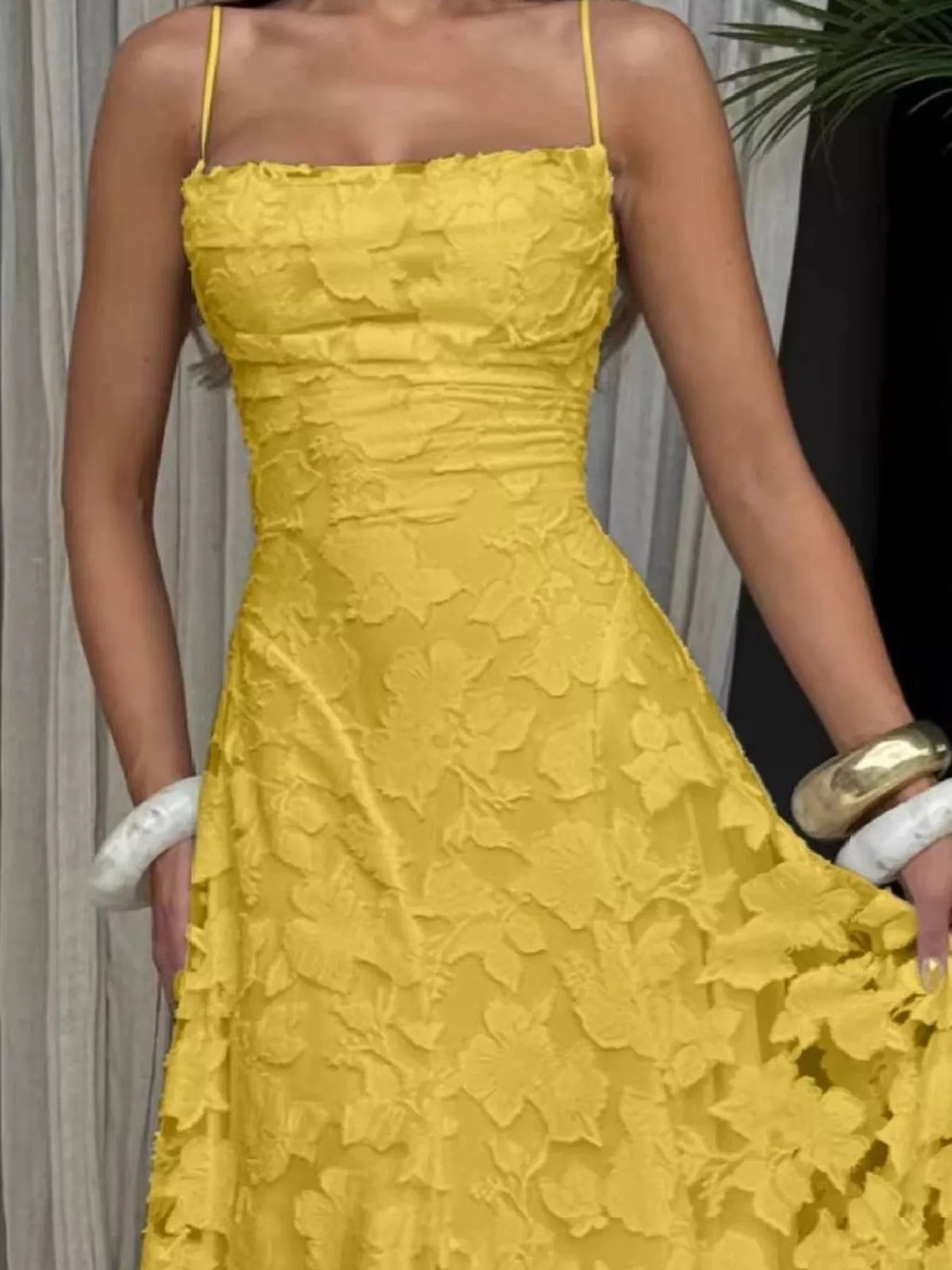 Cowl neck spaghetti-strap maxi dress, construction and design details