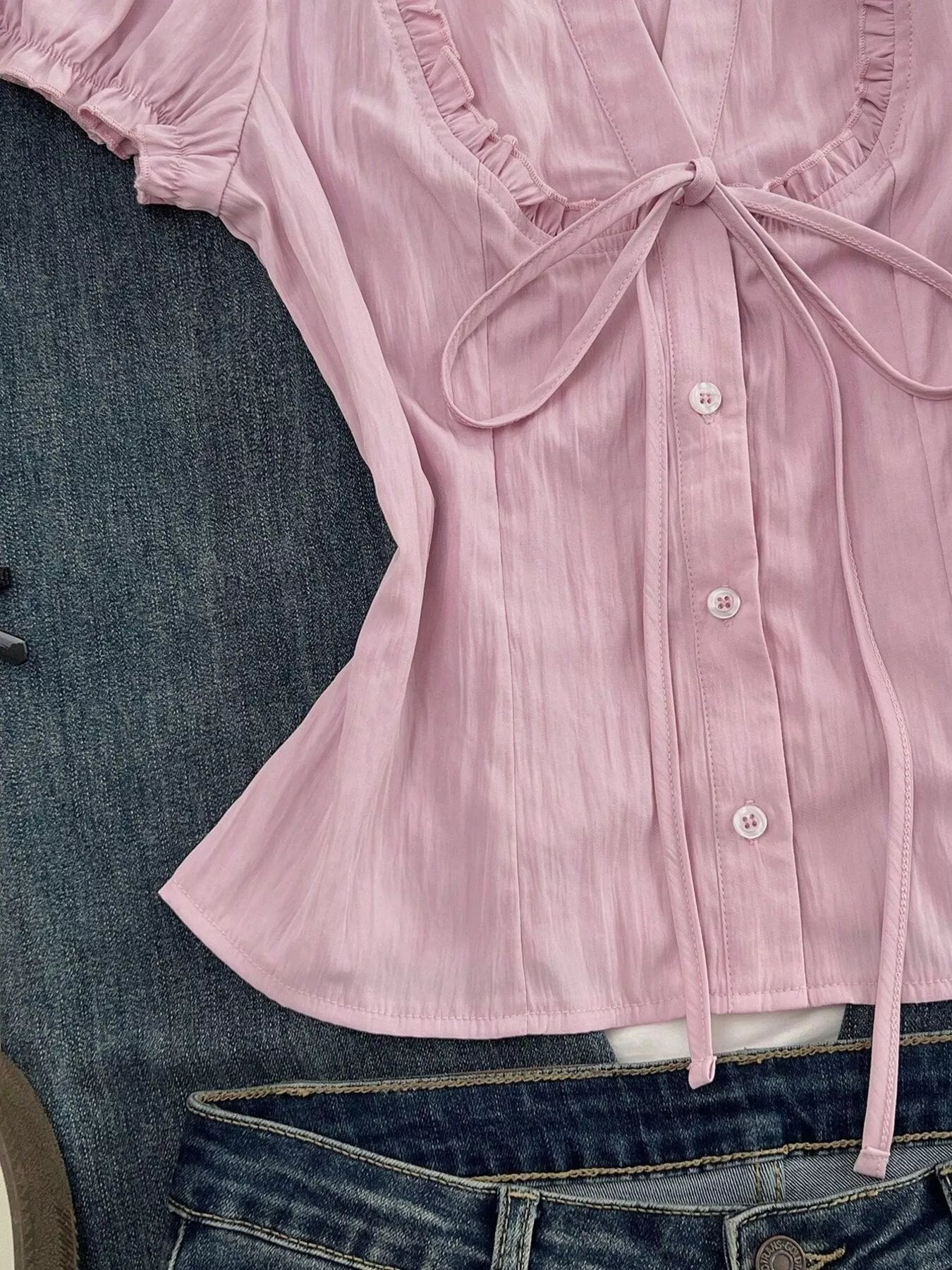 Trendsi Frill Button Up Short Sleeve Shirt -