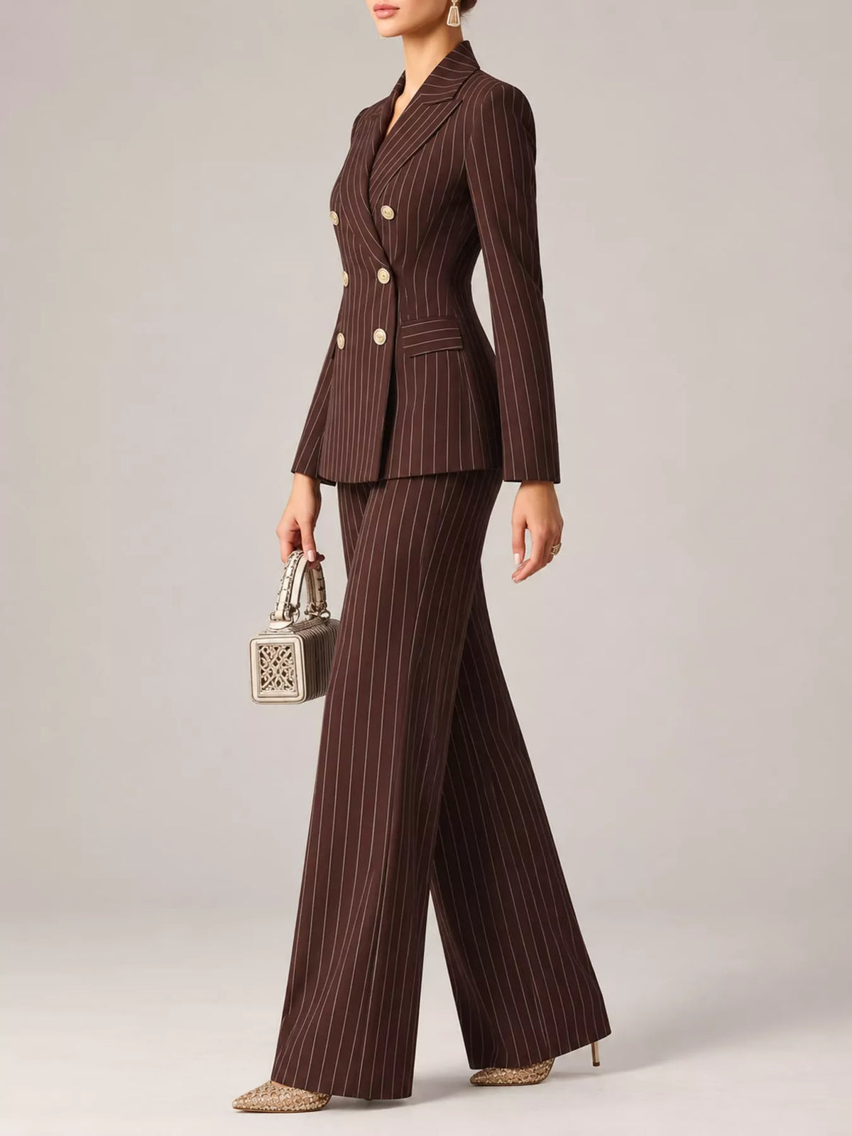 Pinstripe pantsuit, brown suit side