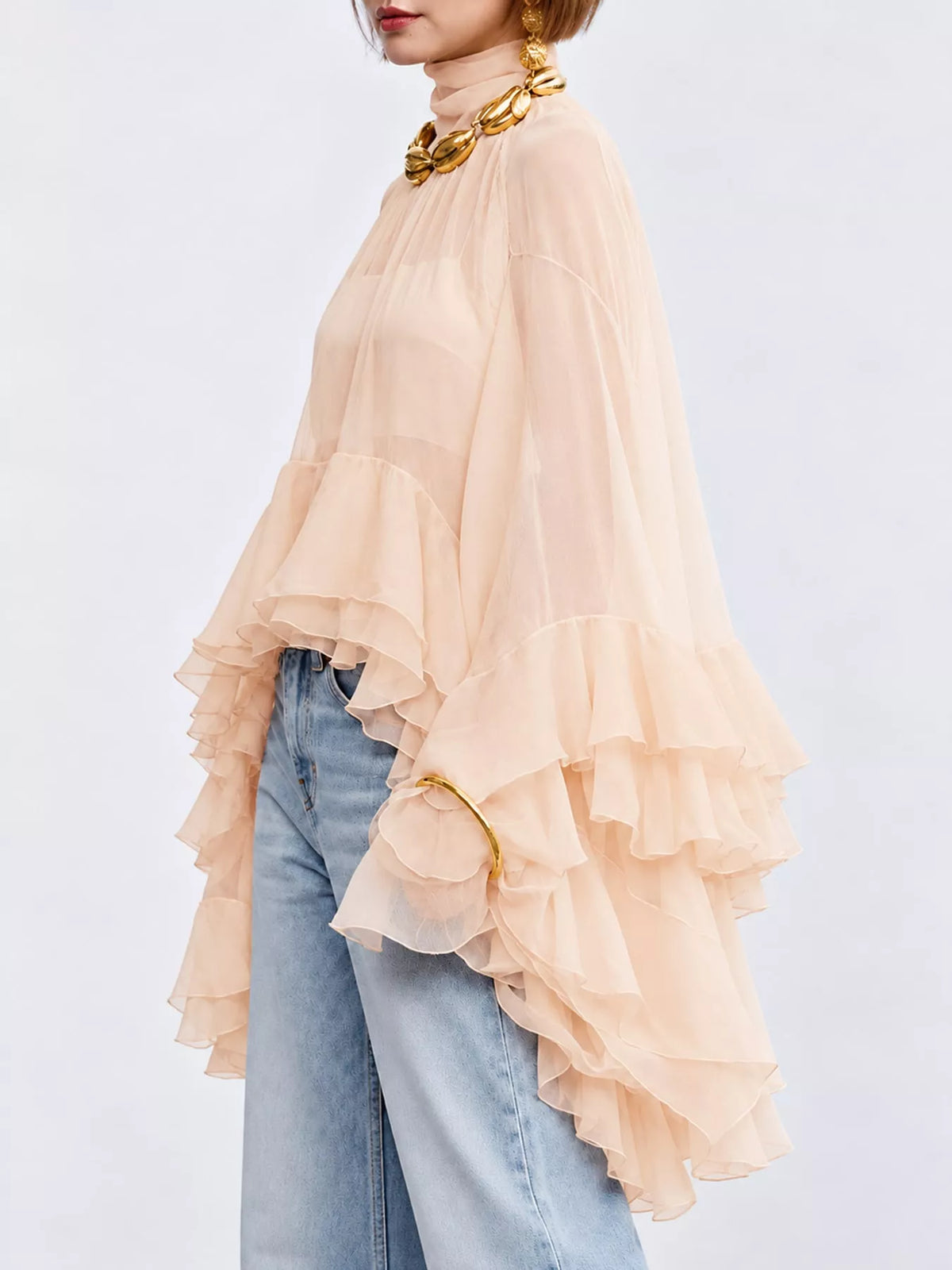 Nude Pink ruffled turtleneck long sleeve blouse