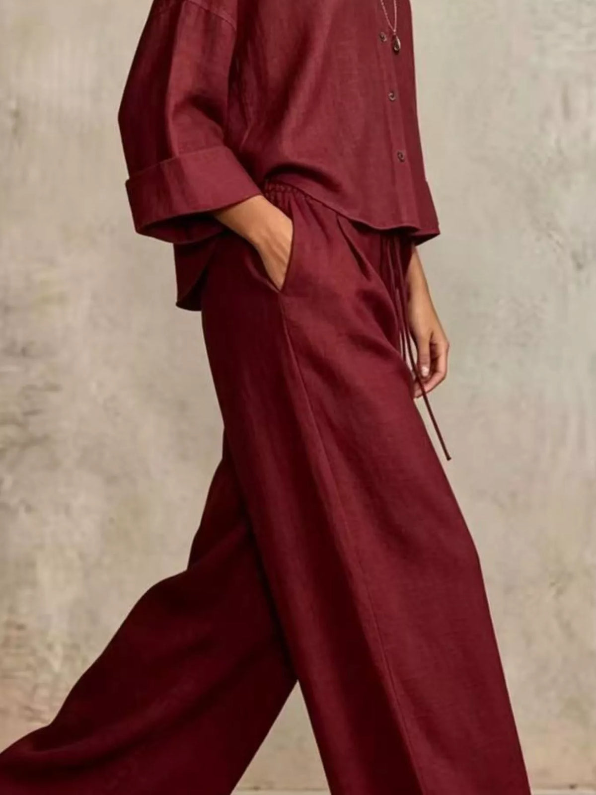 Shirt and pants set, burgundy shirt detail