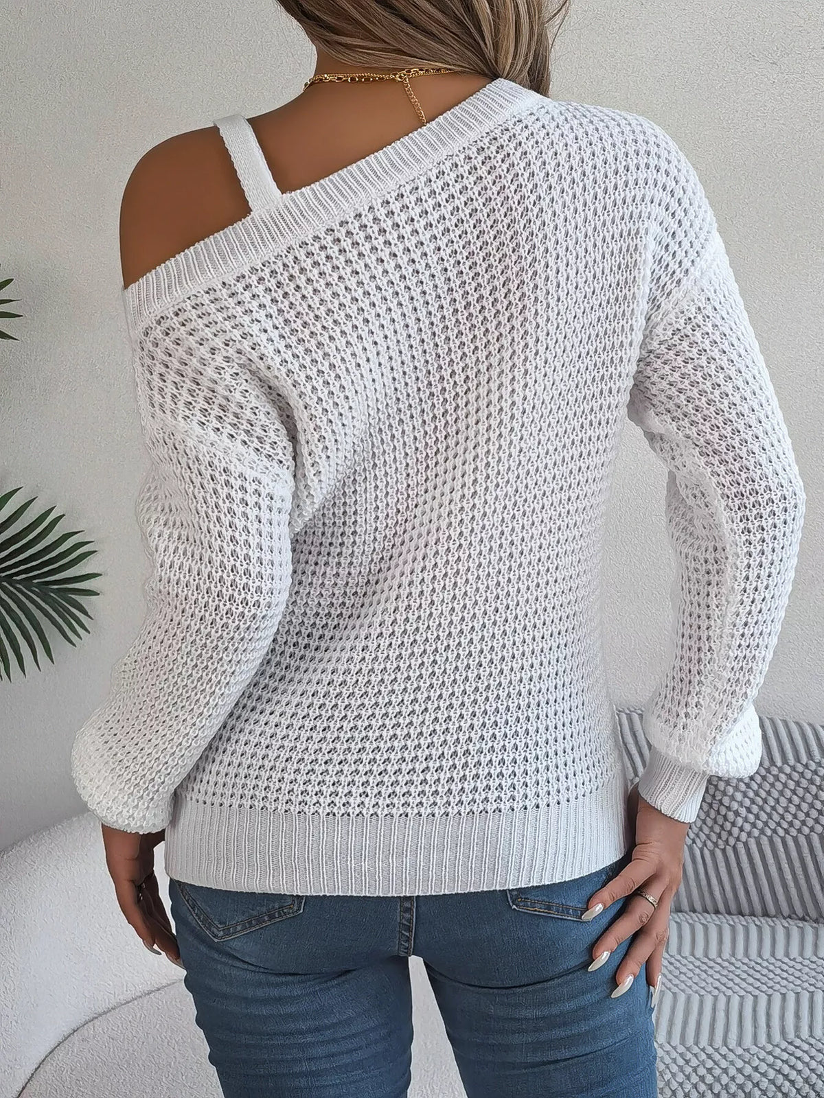 Asymmetrical Neck Long Sleeve Sweater in white, back view
