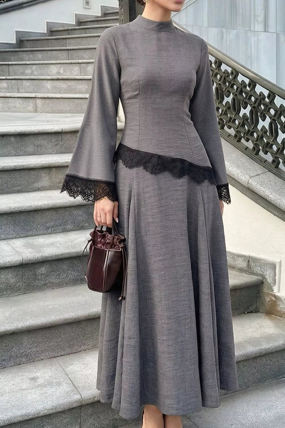 Lace-trim mock-neck top and skirt set