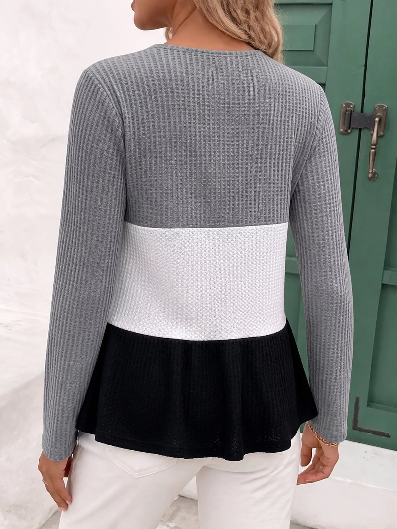 Trendsi Color Block Waffle Knit Button-Down Cardigan -