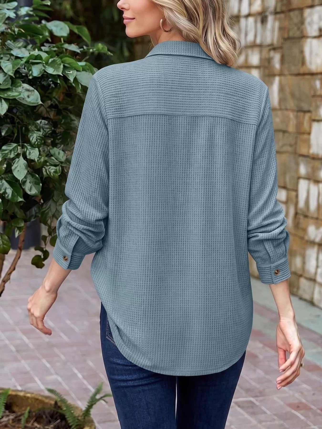 Trendsi Waffle Knit Button-Down Long Sleeve Shirt -
