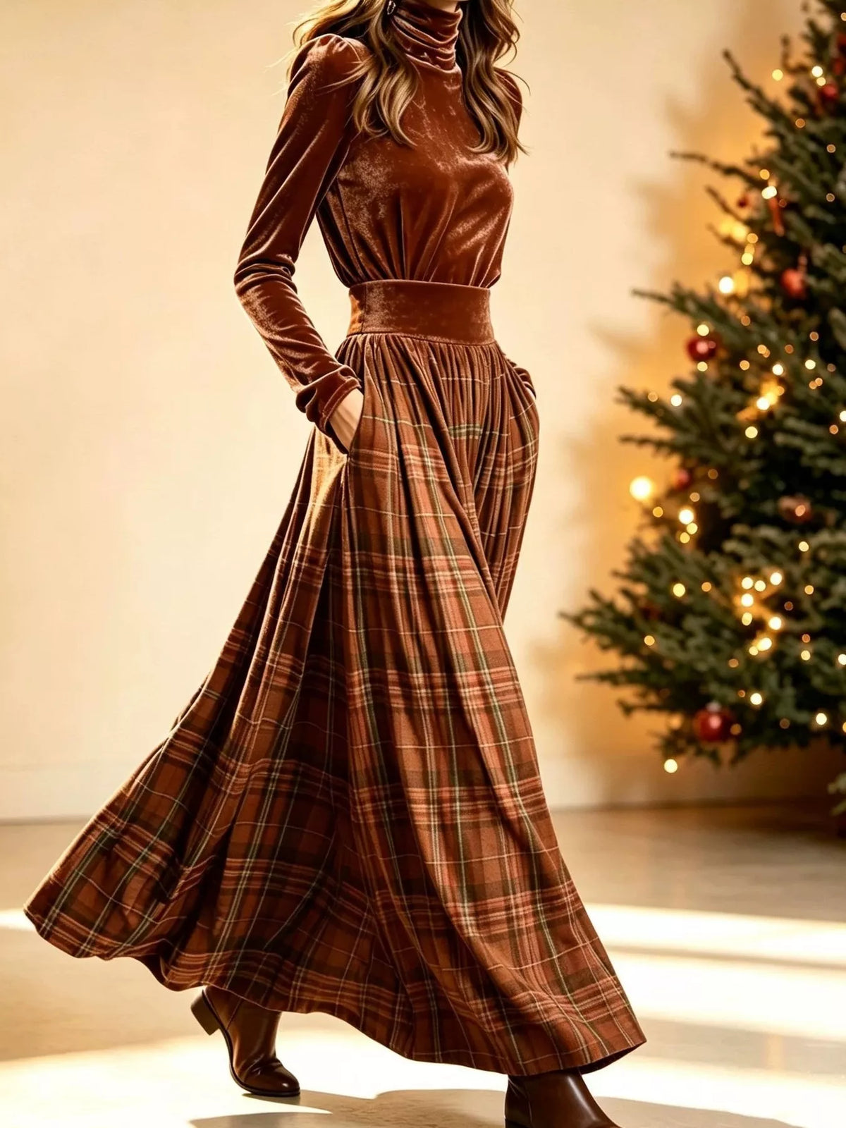Brown velvet turtleneck top and plaid skirt set