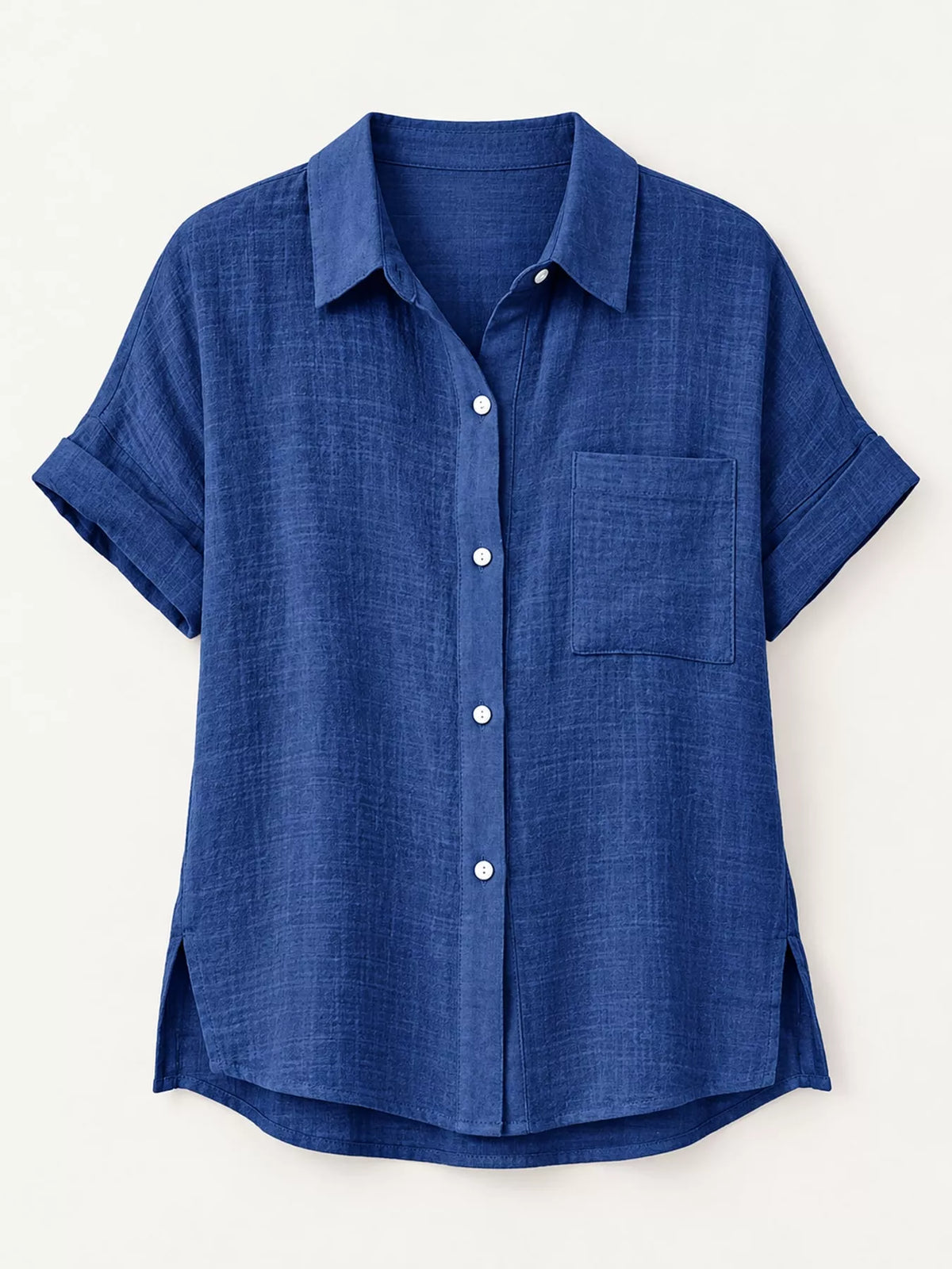 Women's Button Up Short Sleeve Shirt in blue — flat lay view