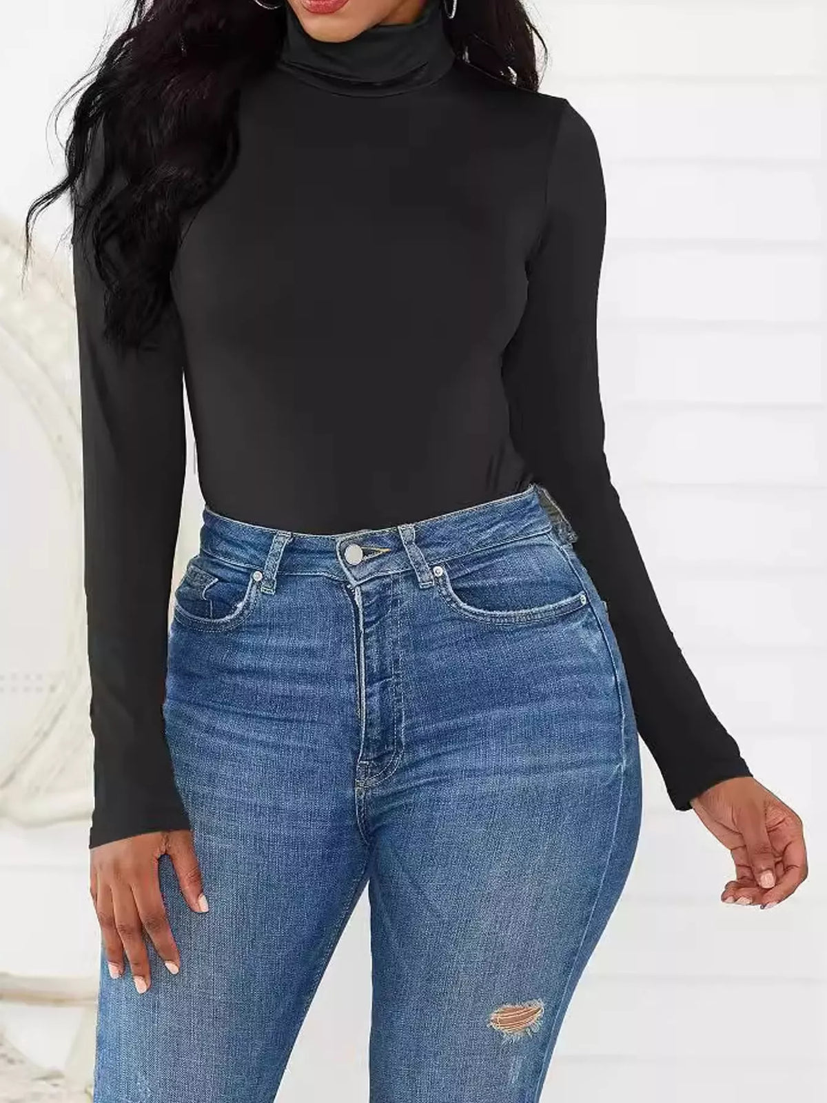Long Sleeve Turtleneck Slim-Fit Bodysuit in black