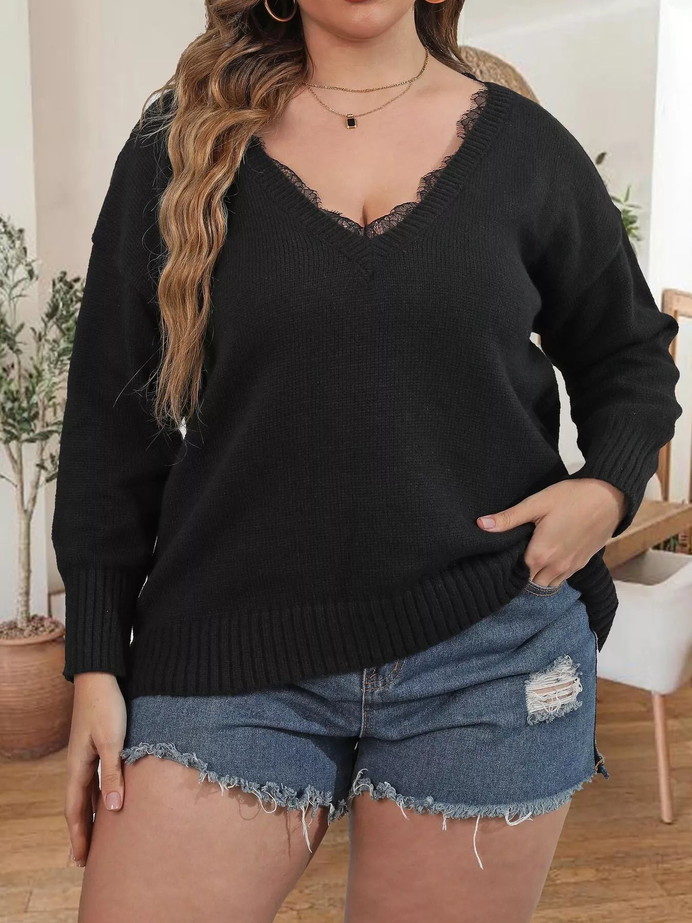 Trendsi Plus Size Lace Trim V-Neck Sweater -