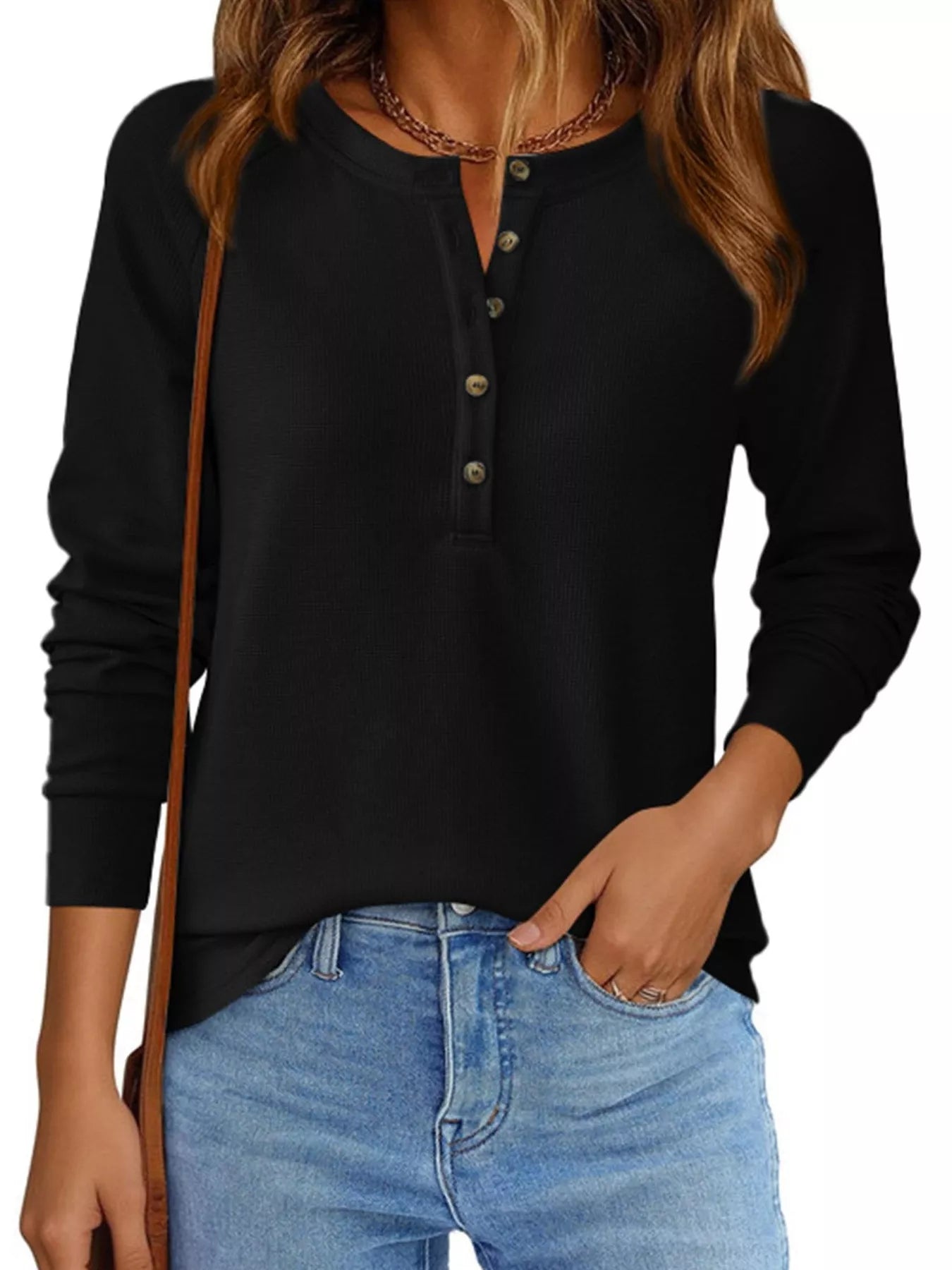 Trendsi Waffle Knit Henley Long Sleeve T-Shirt -