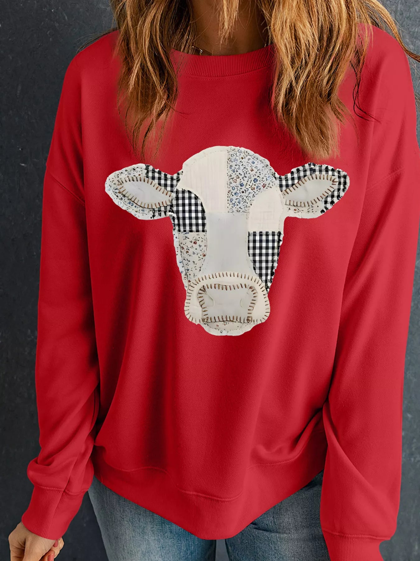 Trendsi Western Patchwork Cow Drop Shoulder Sweatshirt -