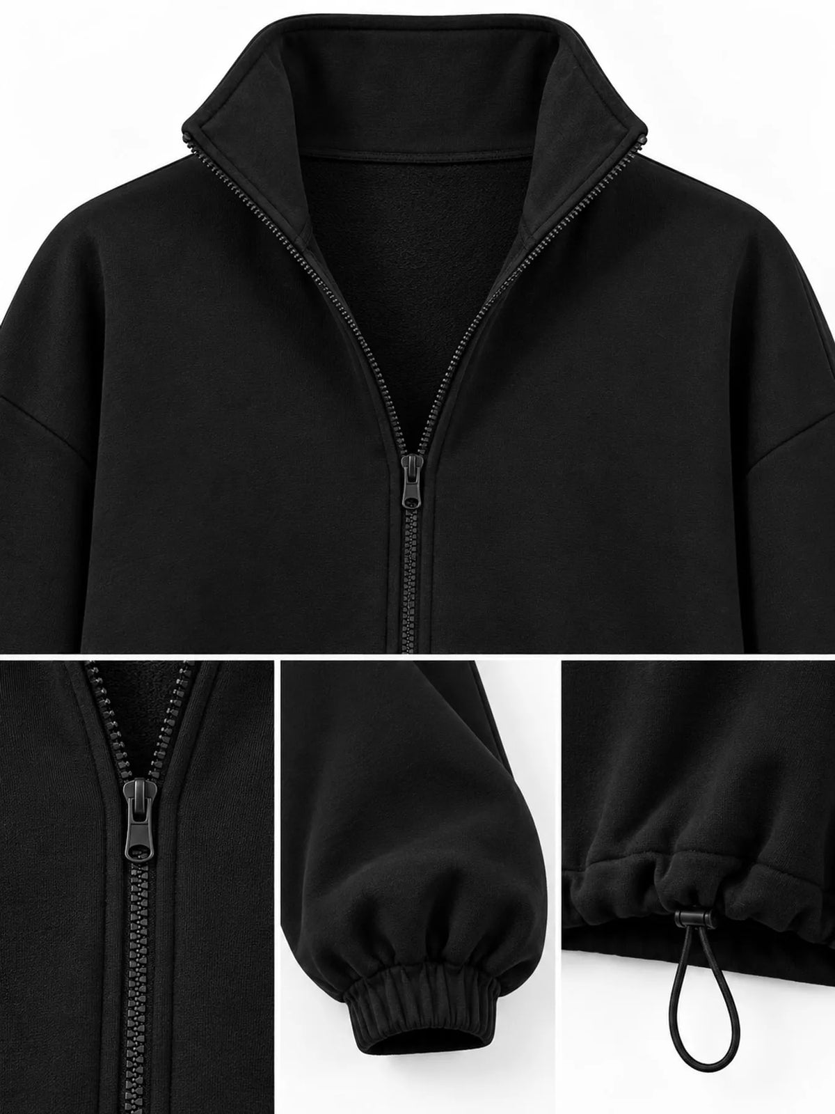Black drawstring hem zip-up jacket, zip collar, elastic cuff, and drawcord hem