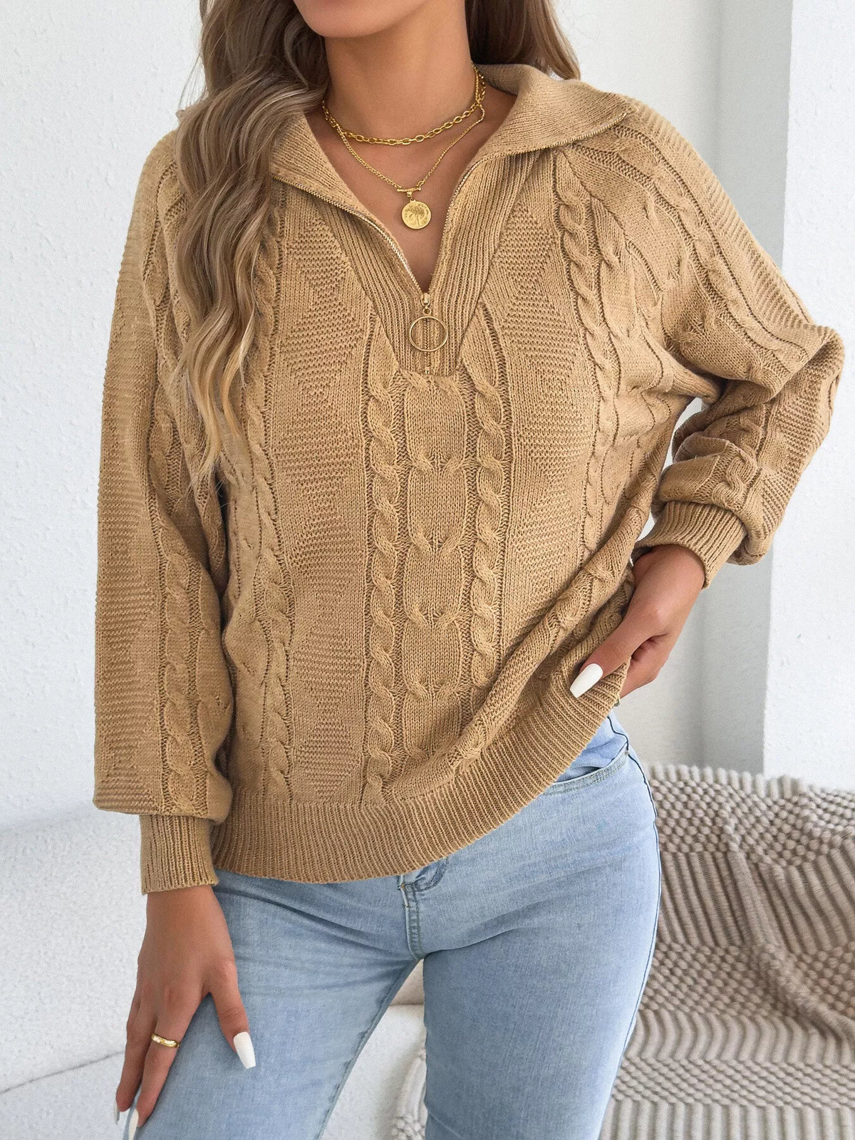 Khaki quarter-zip cable knit sweater
