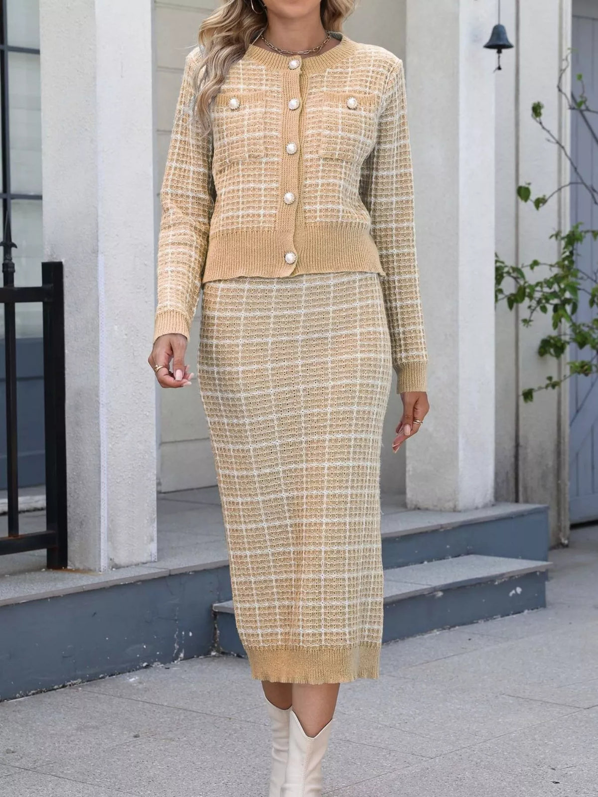 Plaid Cardigan and Midi Skirt Set