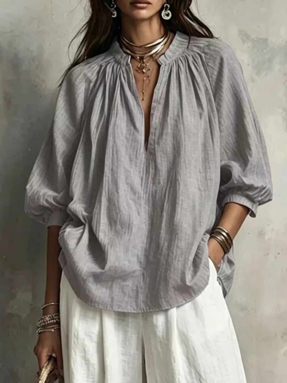 Gray Notched Long Sleeve Blouse & White Wide-Leg Pants Set blouse detail