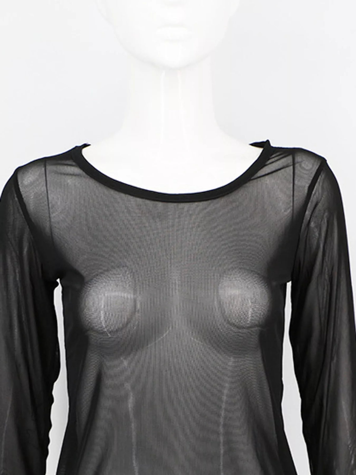 Black sheer mesh long sleeve top, neckline detail