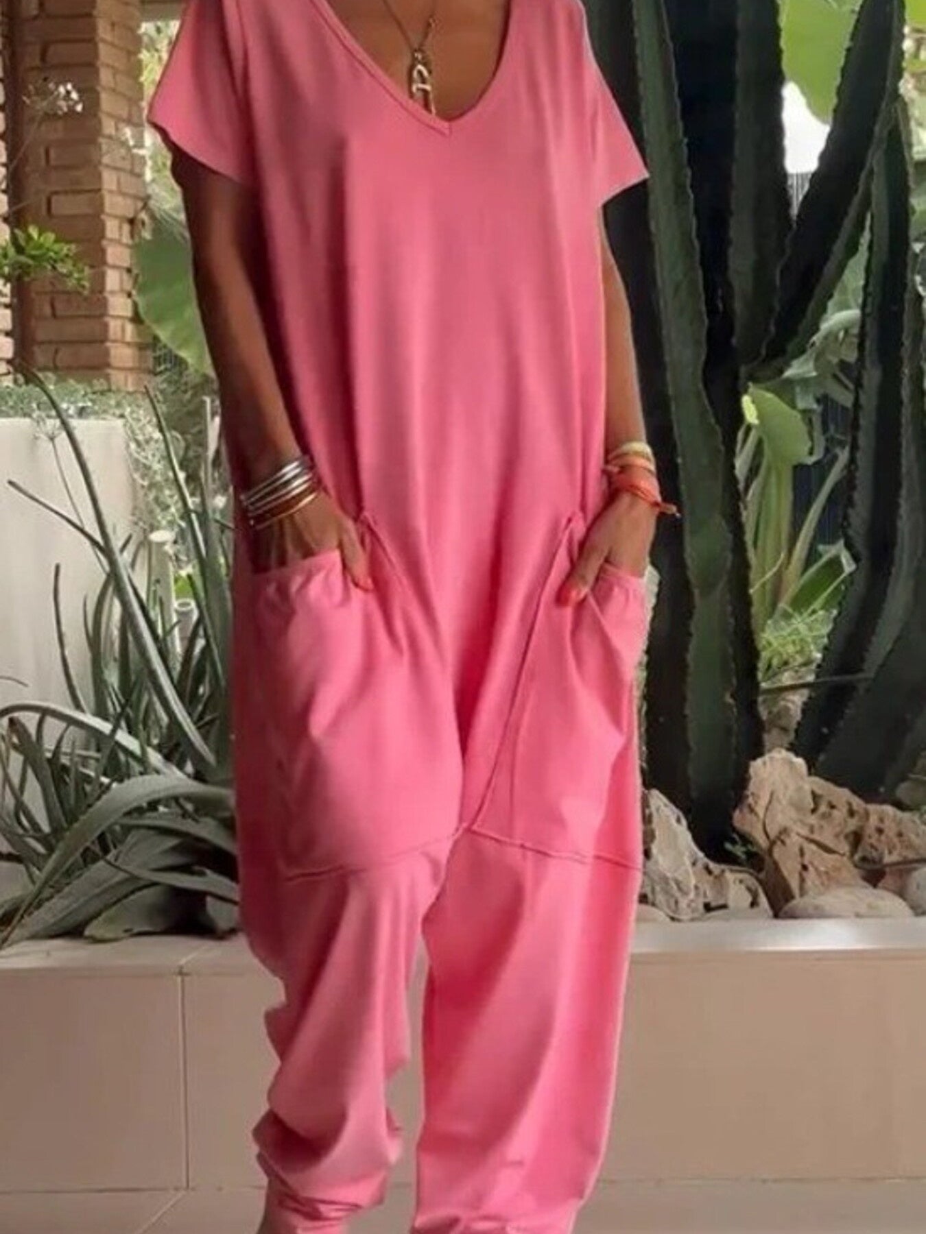Trendsi Full Size Loose Fit V-Neck Short Sleeve Wide Leg Jumpsuit Plus Size -