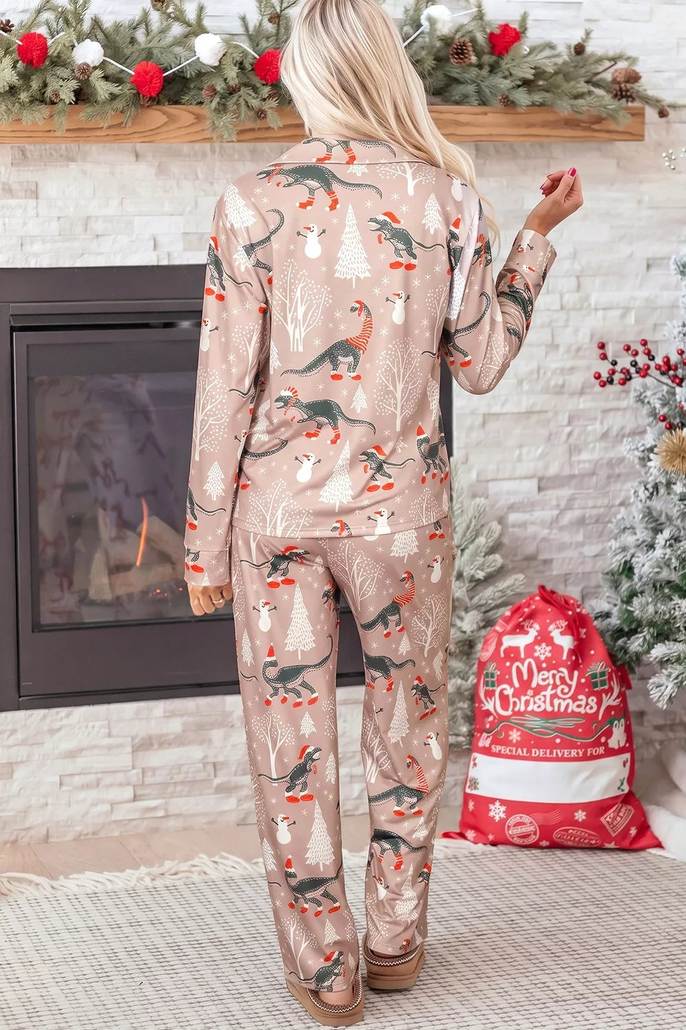Christmas Dinosaur Print Lounge Top and Pants Set, back view