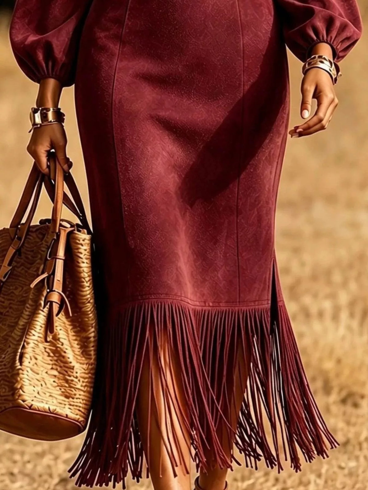 Women's Fringe Round Neck Balloon Sleeve Dress in burgundy — hem detail view