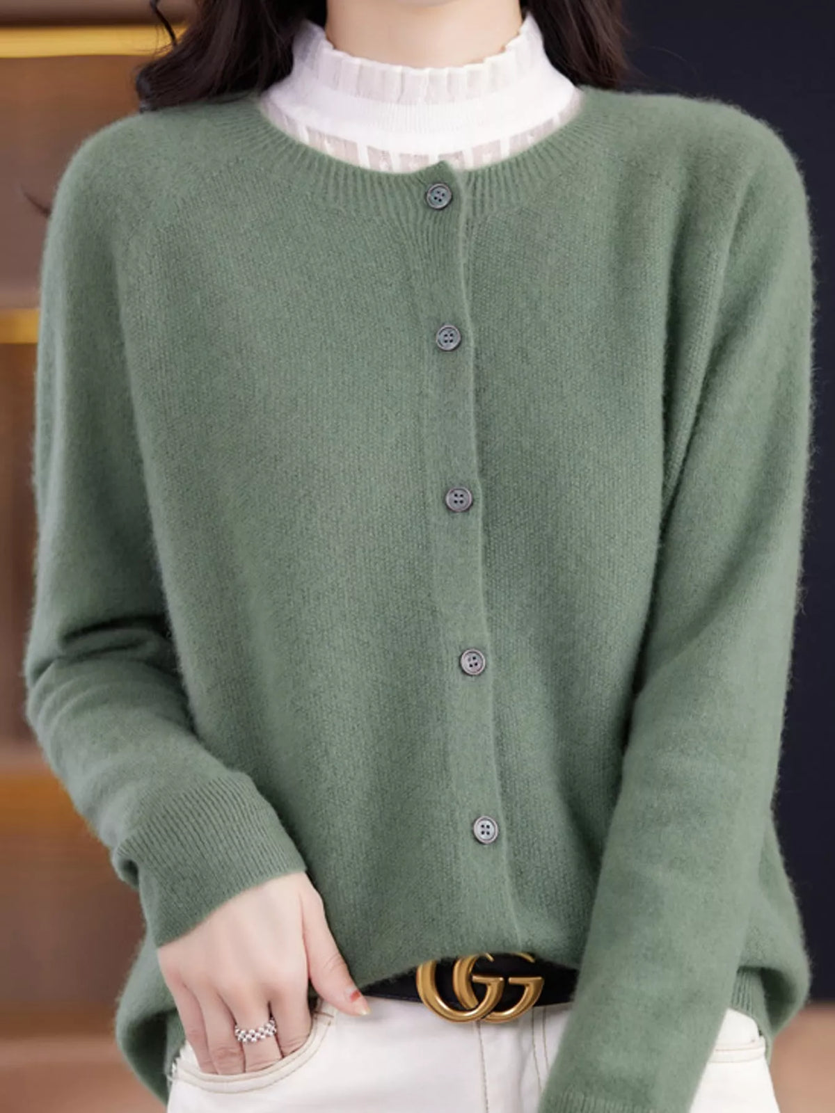 Round neck long sleeve cardigan, front view on model