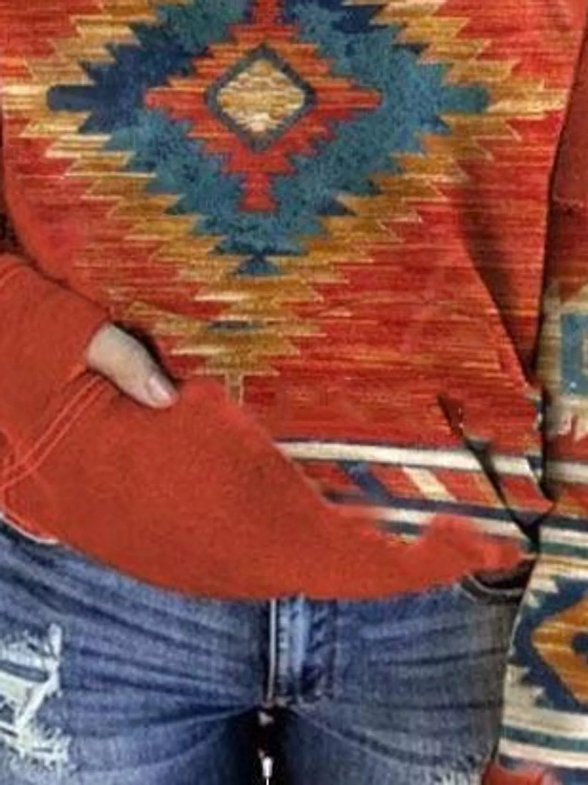 Aztec-print hoodie, red pocket detail