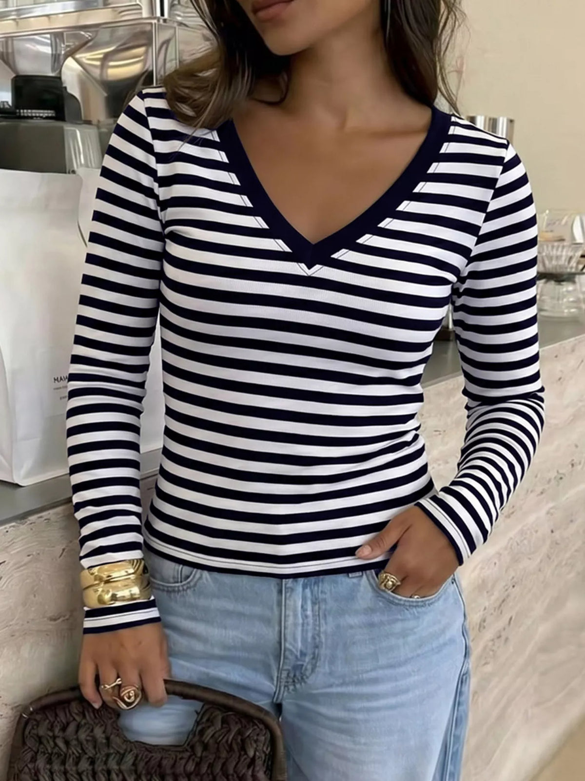 Striped V-Neck Long Sleeve T-Shirt in navy, front view