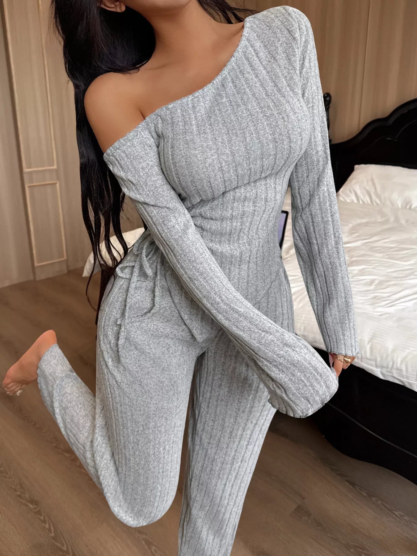 Trendsi One-Shoulder Ribbed Knit Top and Pants Set -