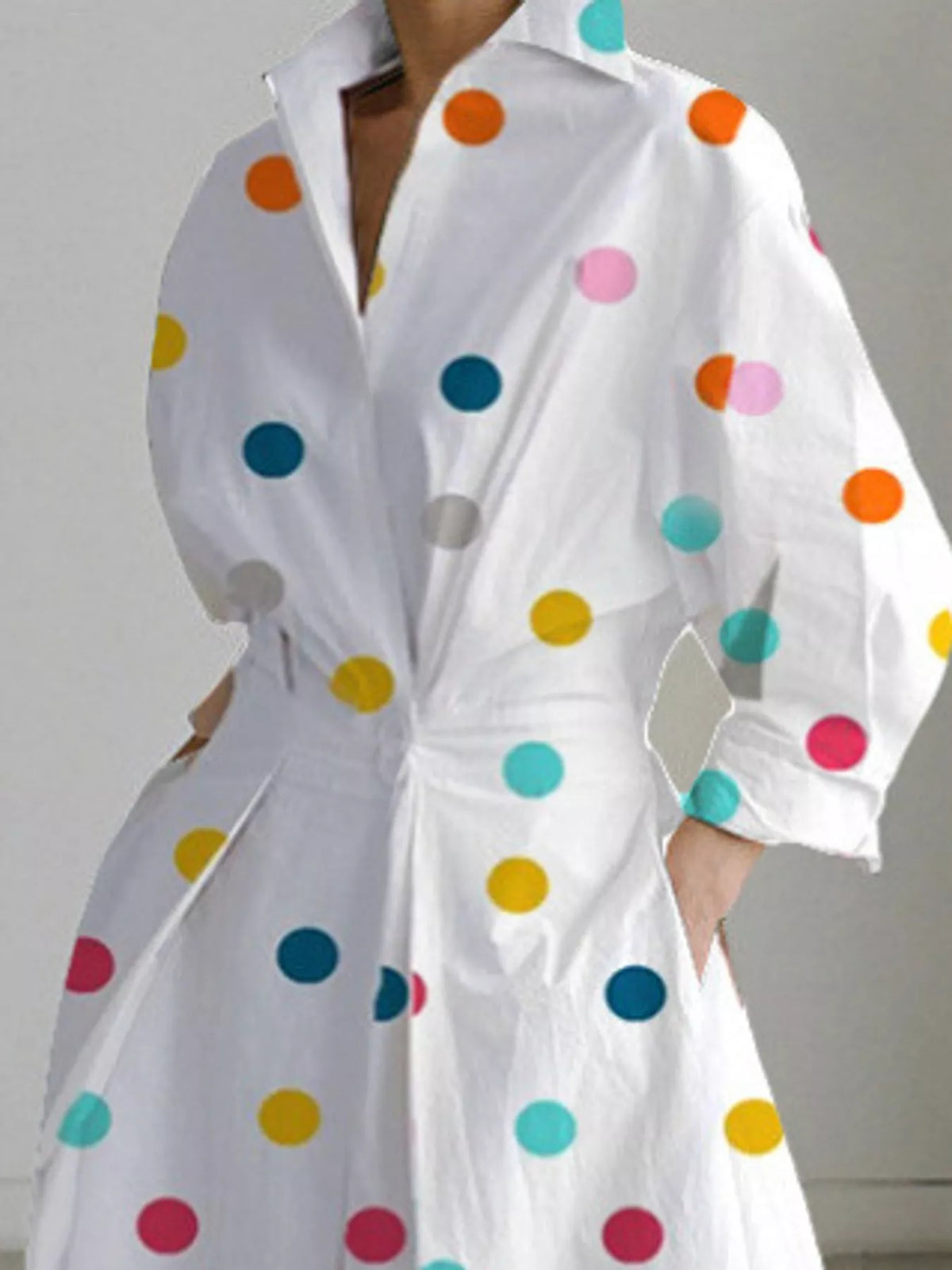 Collared Three-Quarter Sleeve Midi Shirt Dress — construction details