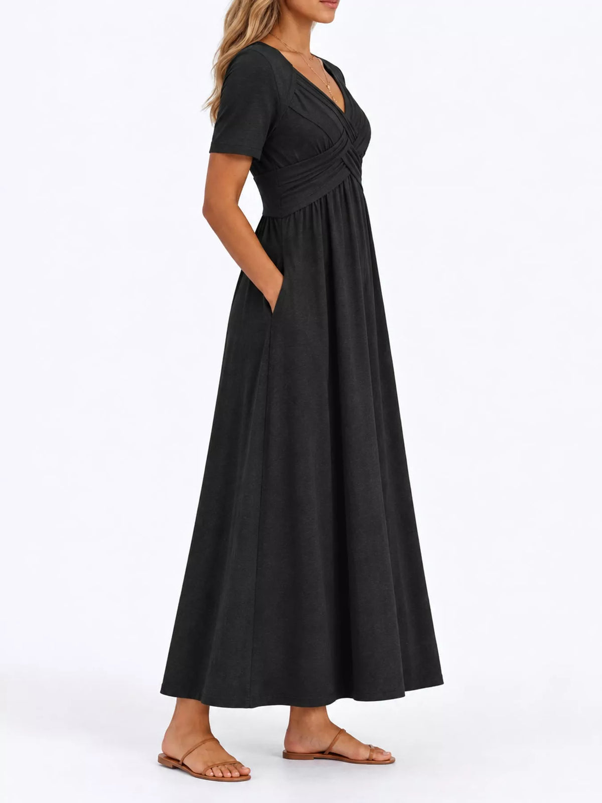 Black crisscross short sleeve midi dress, side view