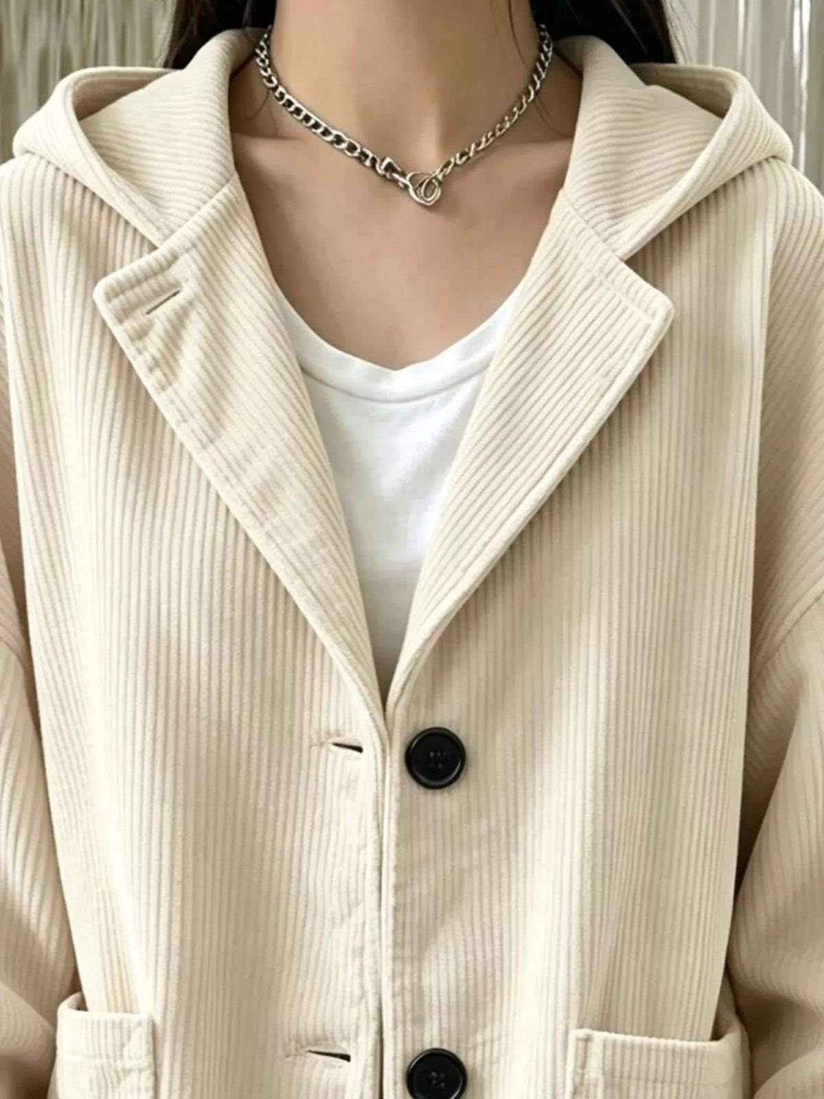 Women's Corduroy Button Up Hooded Jacket in cream — front view