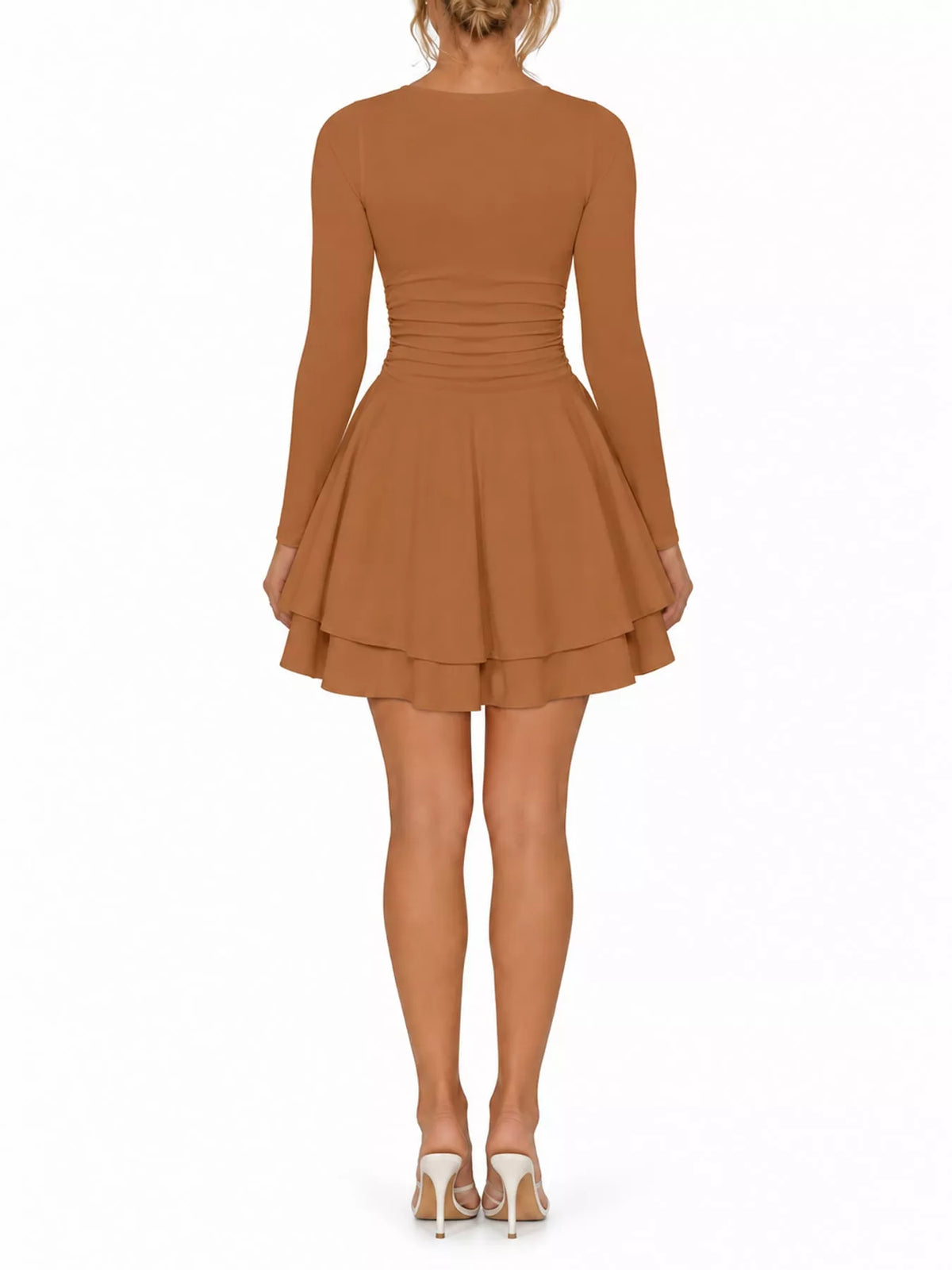 Square neck long sleeve mini dress, back view