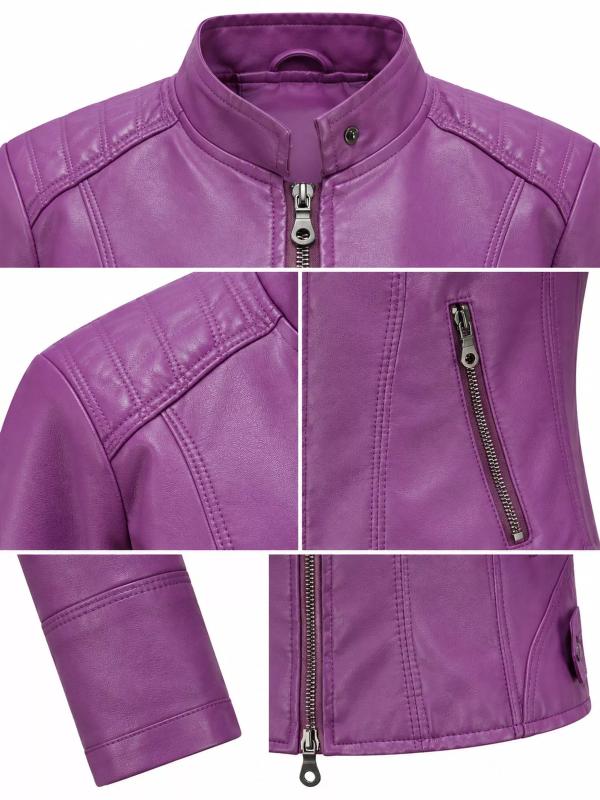 Faux-leather moto jacket, purple garment details