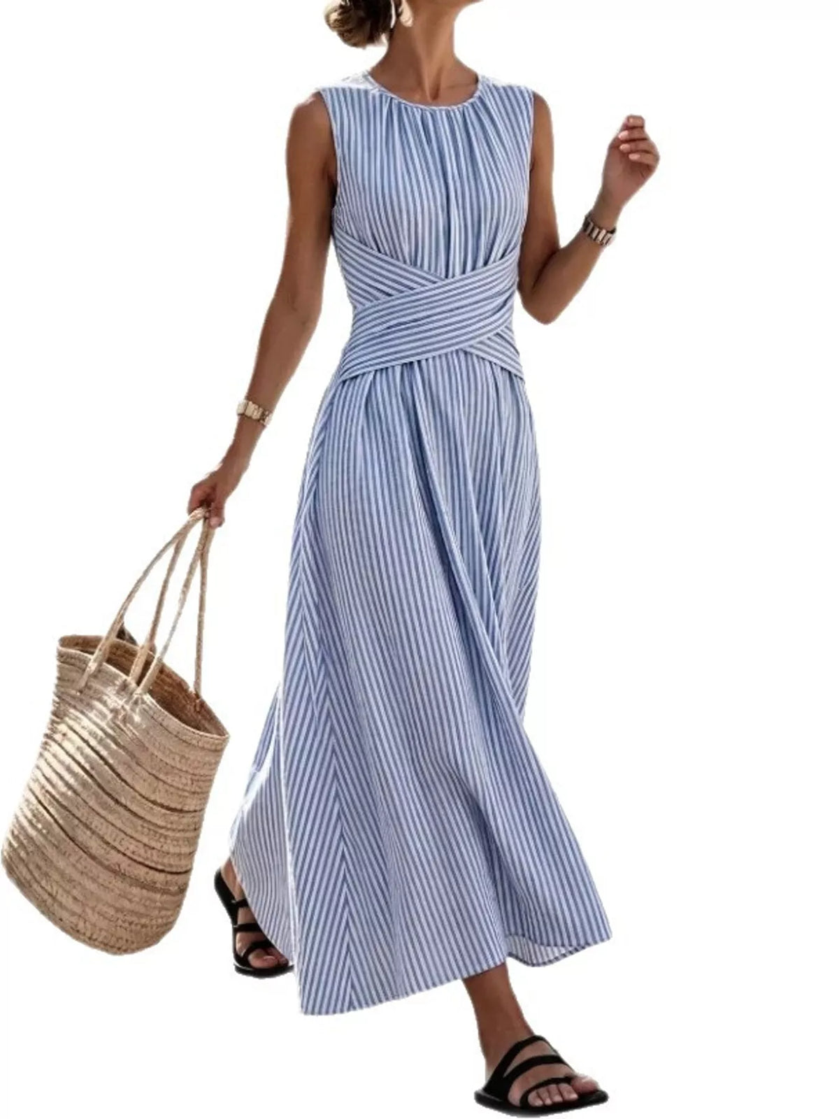 Women's Sleeveless Striped Maxi Dress with Criss-Cross Waist Detail in blue striped — front view