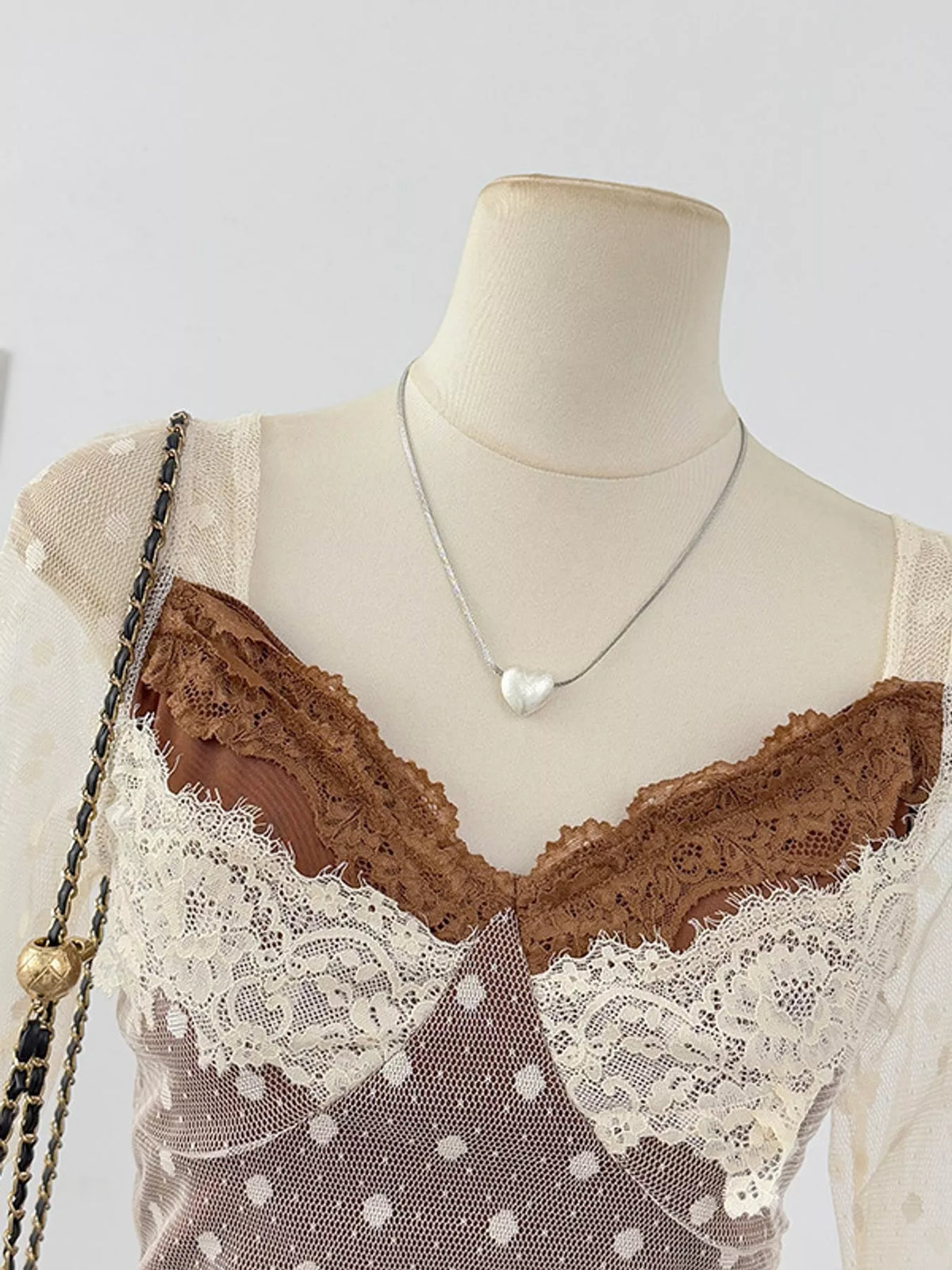 Vintage Lace Contrast Blouse with Polka Dot Mesh Sleeves in brown and cream