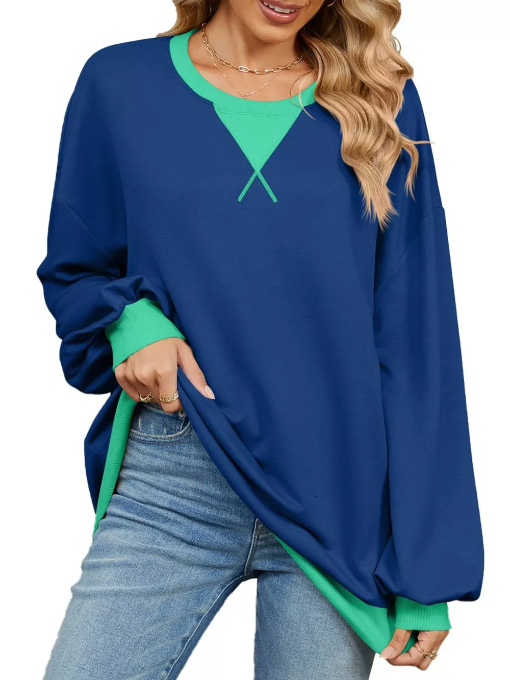 Trendsi Contrast Round Neck Long Sleeve Sweatshirt -