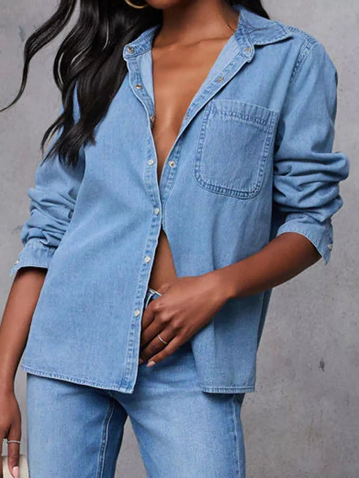 Snap Down Denim Shirt in denim blue, front view