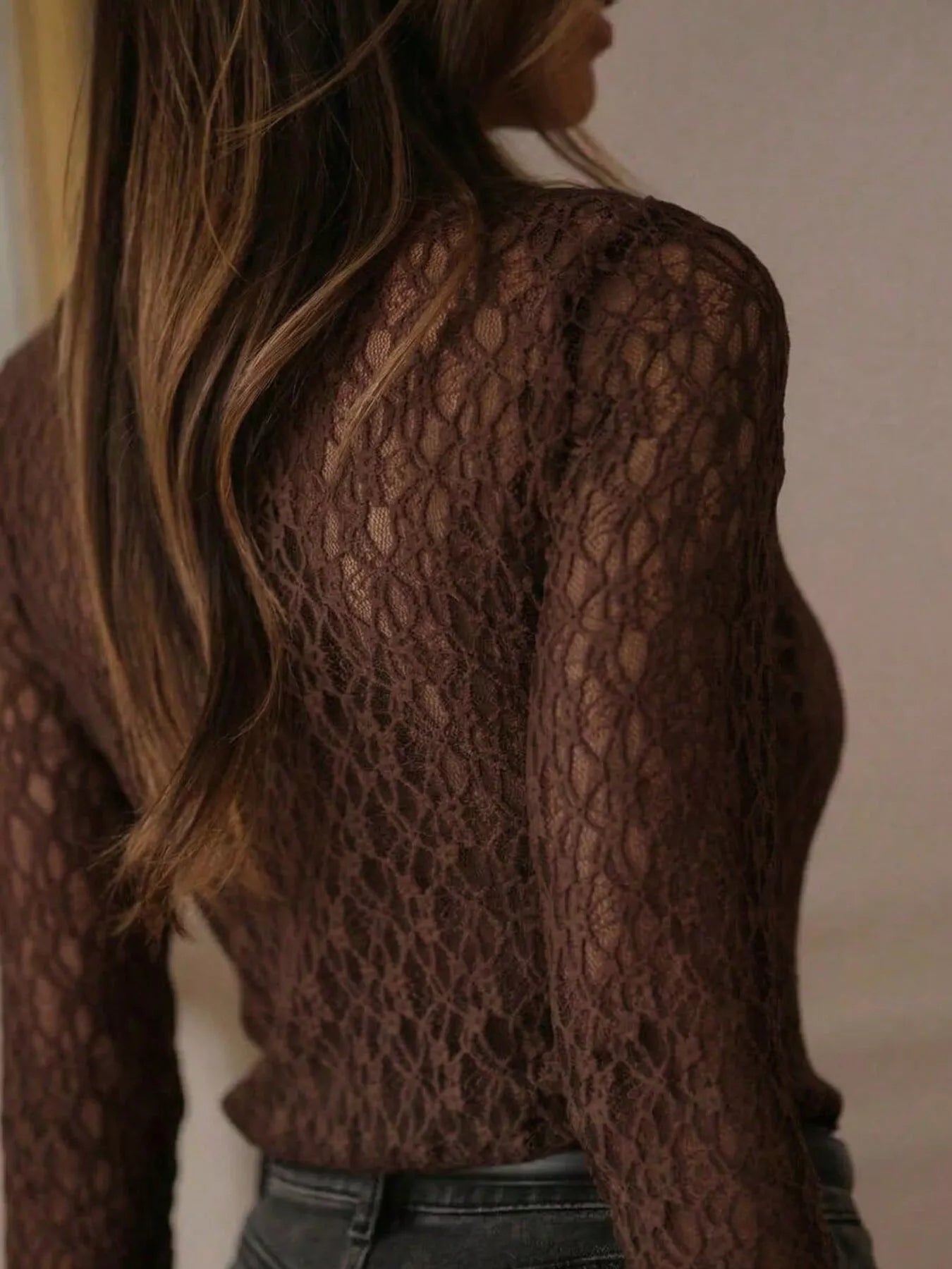 Trendsi Mock Neck Sheer Lace Long Sleeve Top -