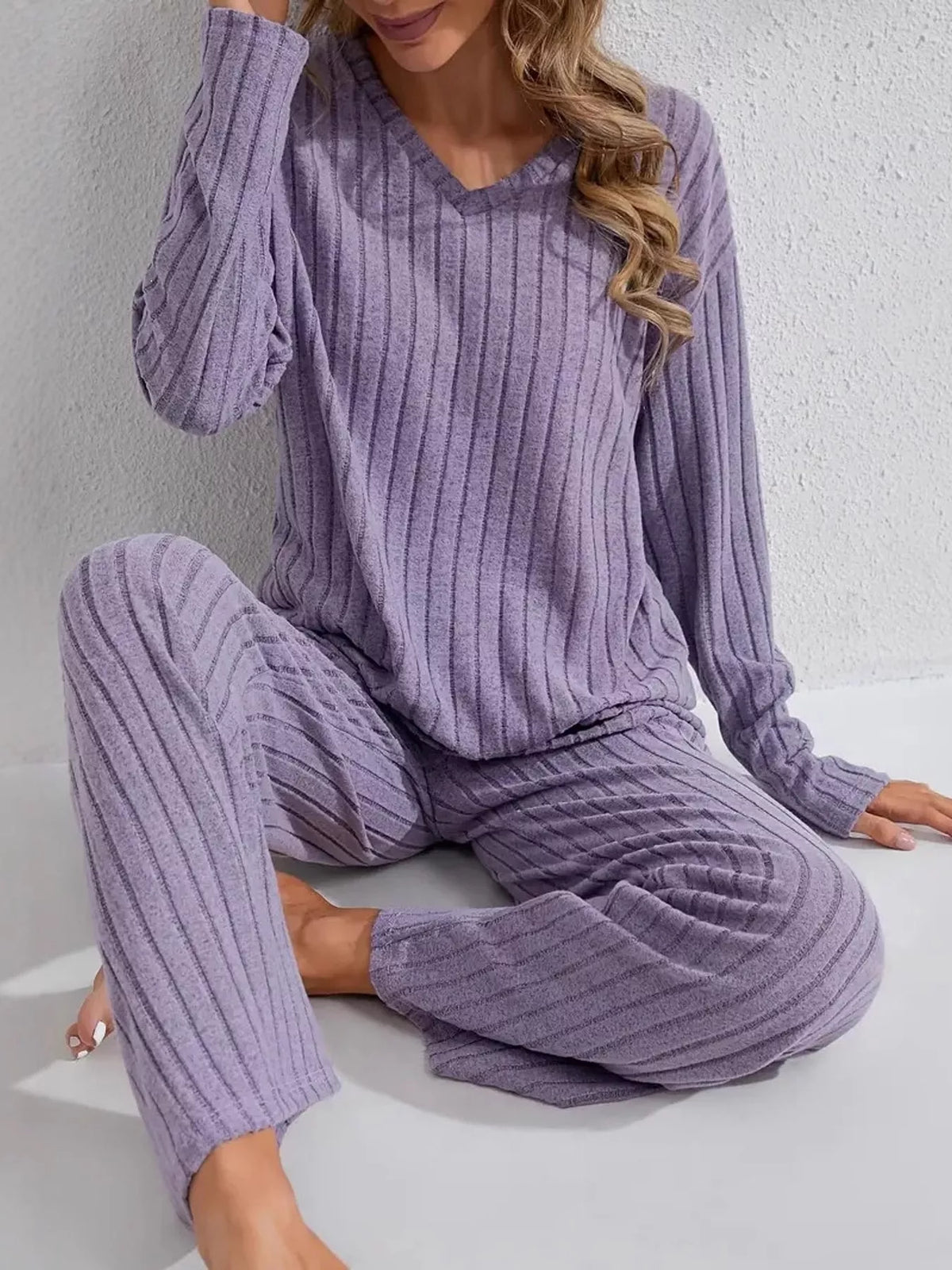 Ribbed Knit V-Neck Top and Pants Lounge Set in purple