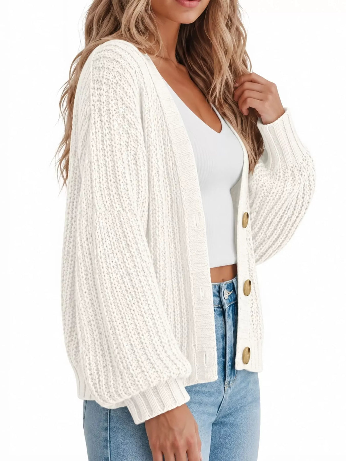 Button cardigan, white side
